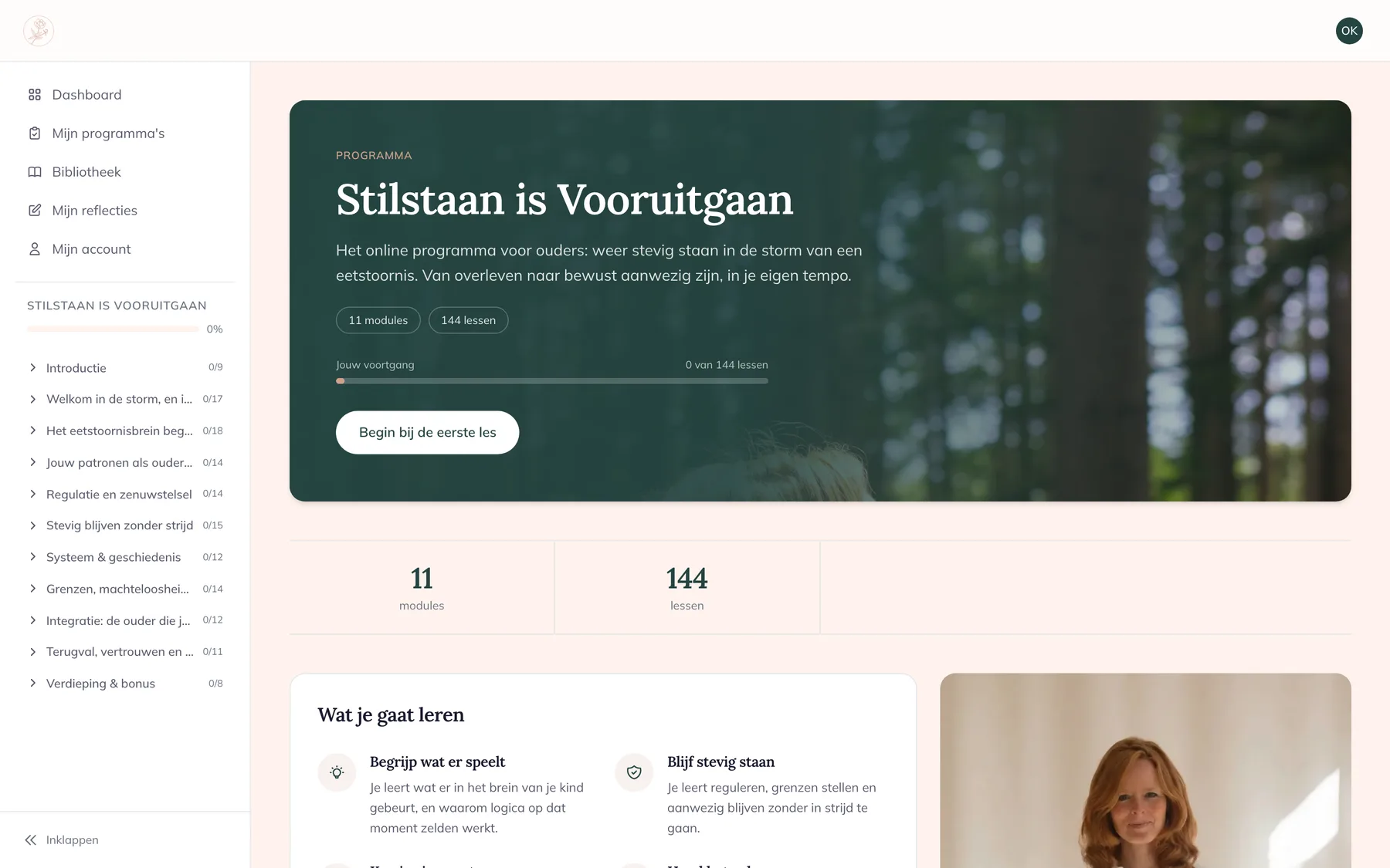 De online leeromgeving van Stilstaan is Vooruitgaan, met de modules en jouw voortgang